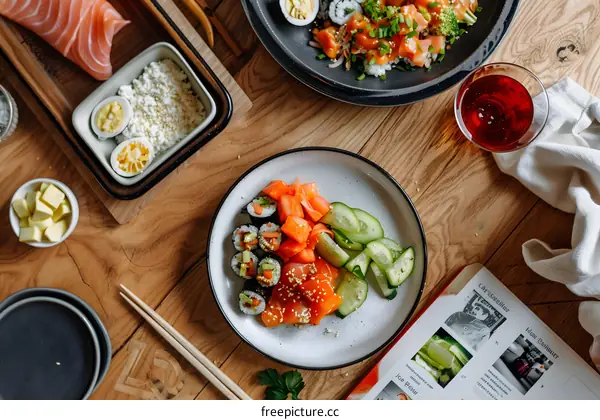 Sushi and Sashimi Platter on Wooden Table
