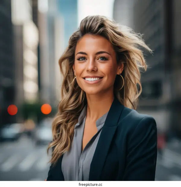 portrait of a young blonde woman in a suit smiling in the city
