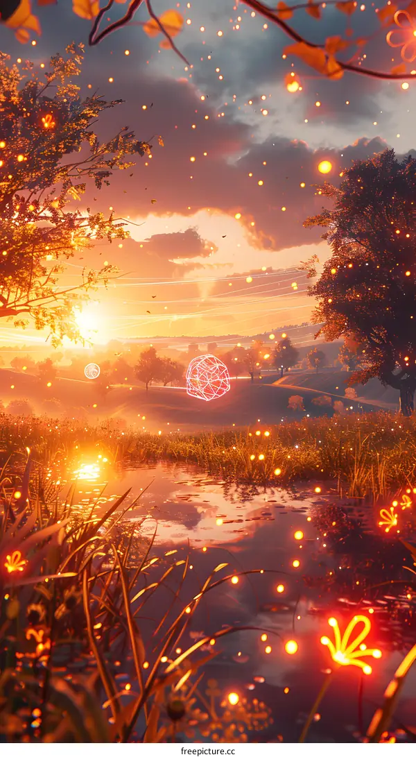 Fantasy landscape with glowing mushrooms and a lake