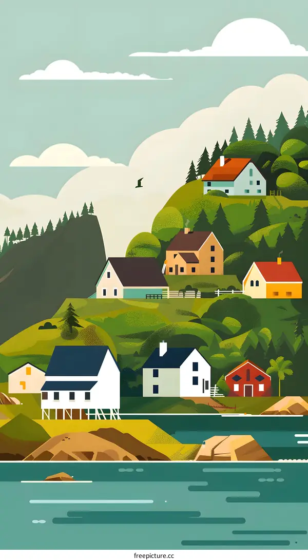 Coastal Village With Colorful Houses and Green Hills