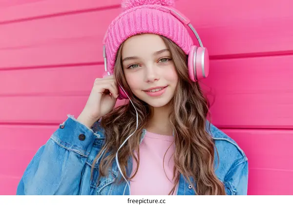 Teenage Girl with Pink Headphones and Hat
