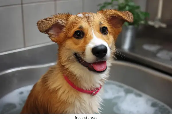 Adorable Puppy Taking a Bath