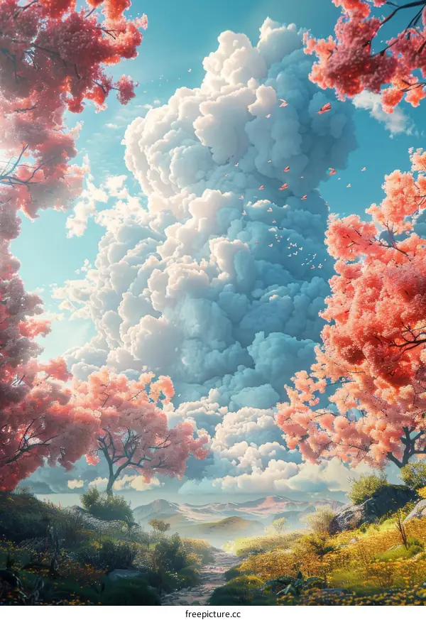 Dreamy Springtime Landscape with Blossoming Trees and Fluffy Clouds
