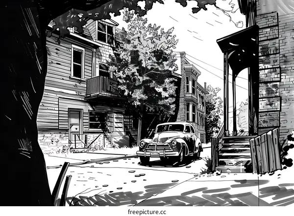 Black and White Illustration of a Car in Front of a House