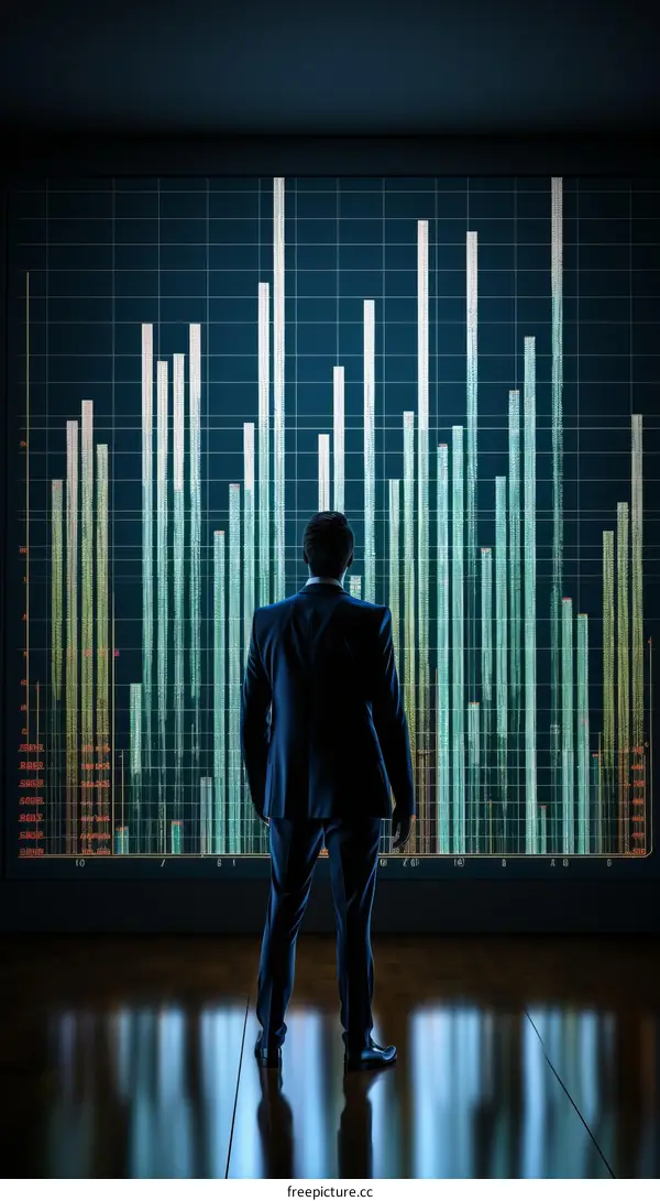 Businessman looking at a large financial graph on a digital screen
