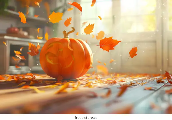 A pumpkin sits on a wooden floor as autumn leaves fall around it.