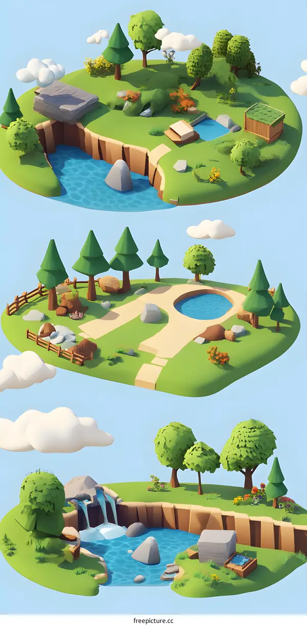 Low Poly 3D Illustration of Three Islands in the Sky With Nature and Water