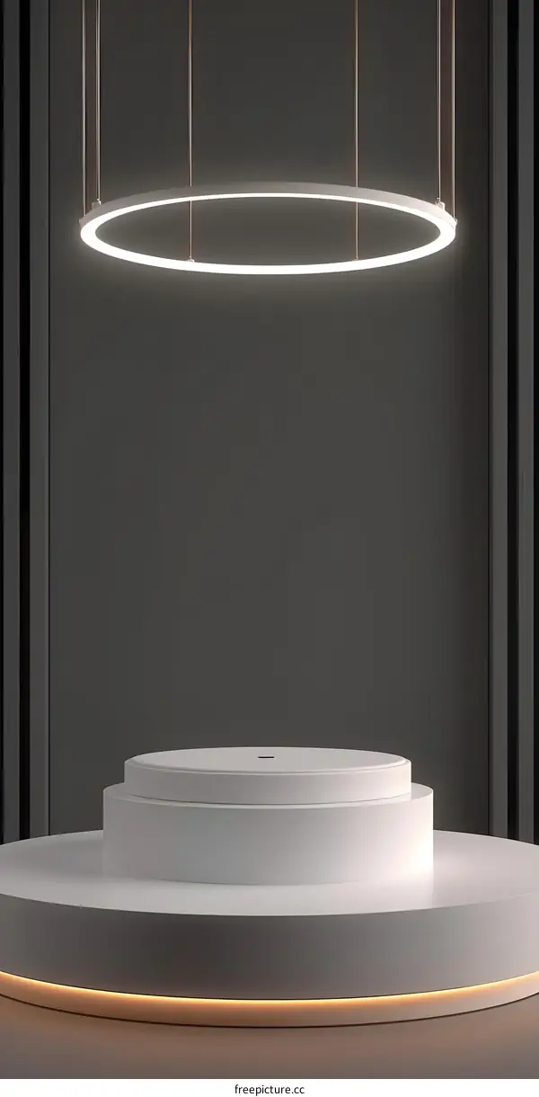 Round Platform with Ring Light and Black Wall Background