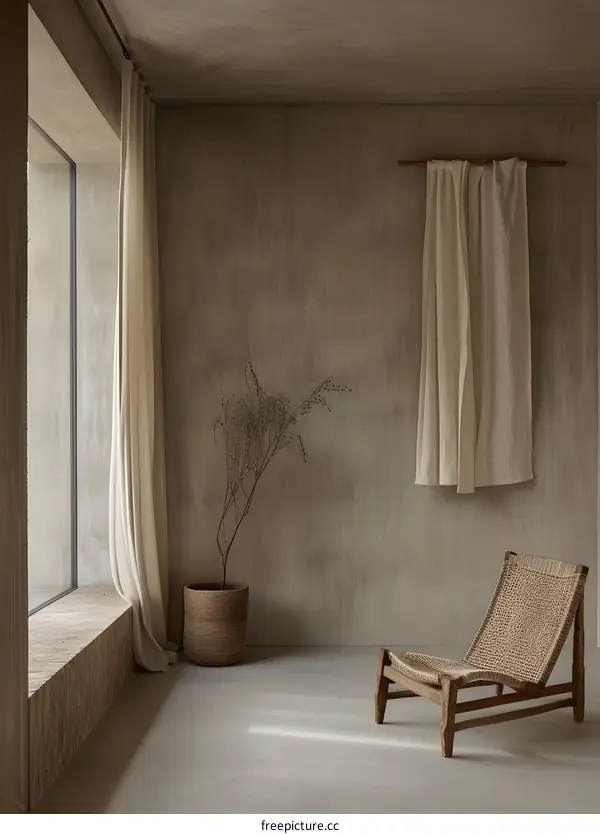Minimalist Living Room with a Woven Chair and Neutral Color Palette