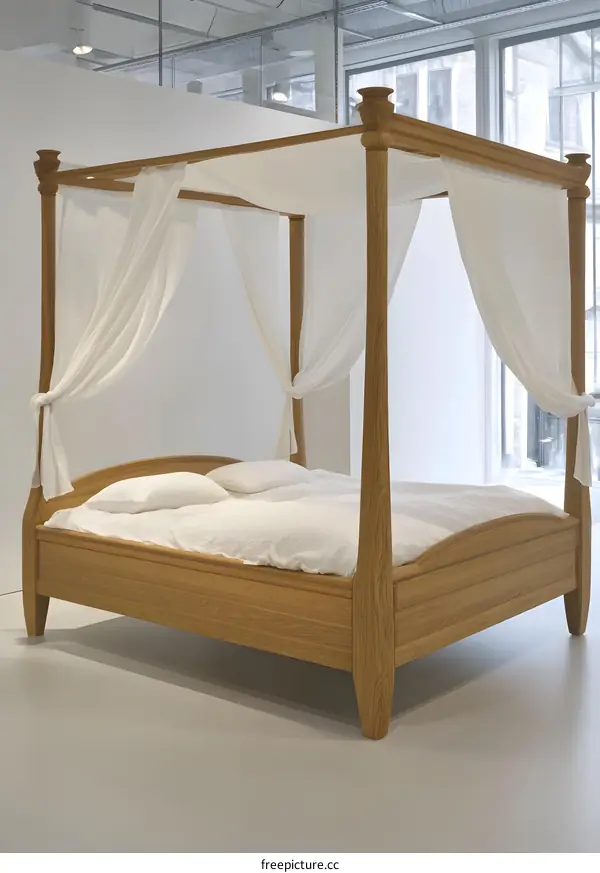 Wooden Canopy Bed in White Room