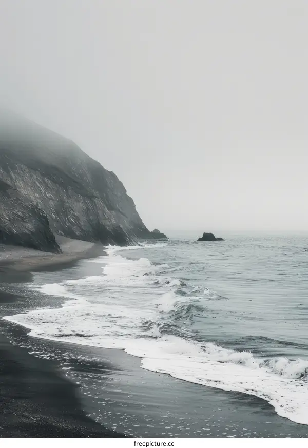 Black sand beach with large waves crashing on the shore