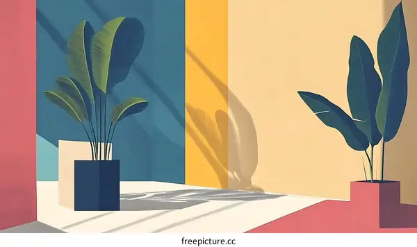 Abstract Minimalist Illustration of Indoor Plants with Colorful Walls