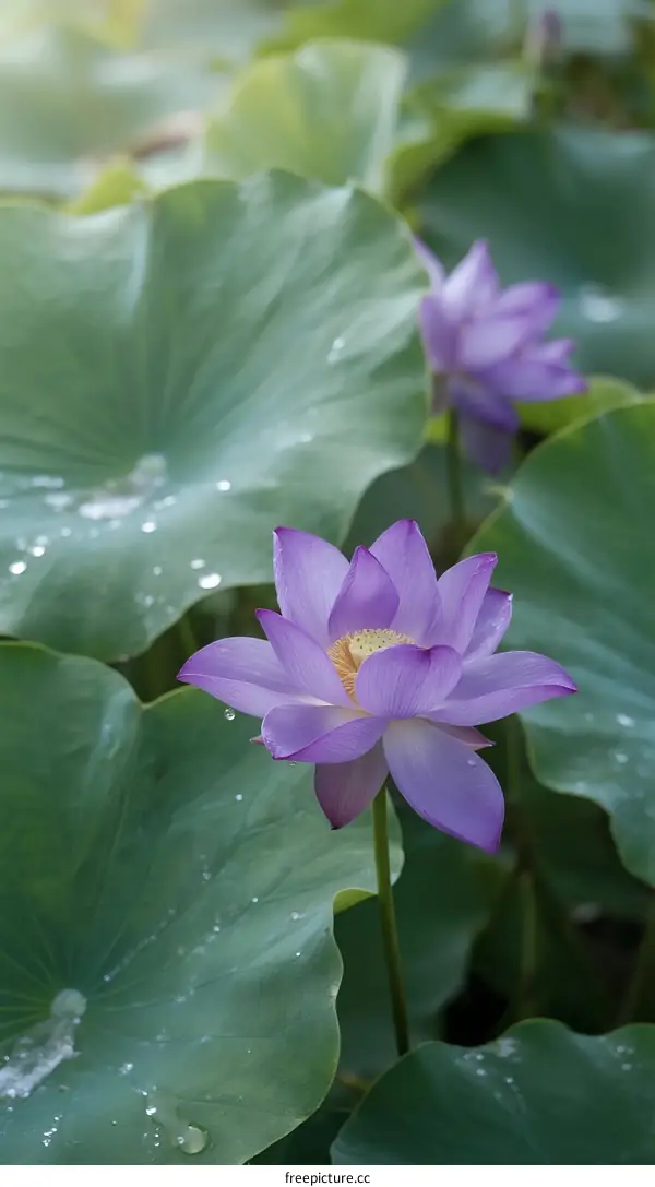 Beautiful Purple Lotus Flower with Dew Drops on Green Leaves
