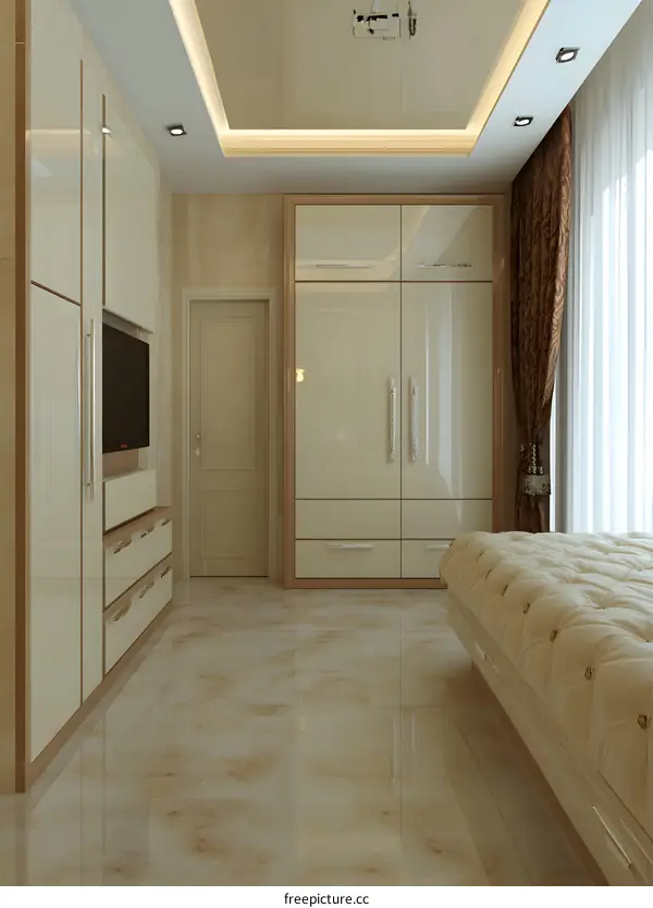 Modern Minimalist Bedroom Interior Design with White Cabinets and Beige Tile Floor