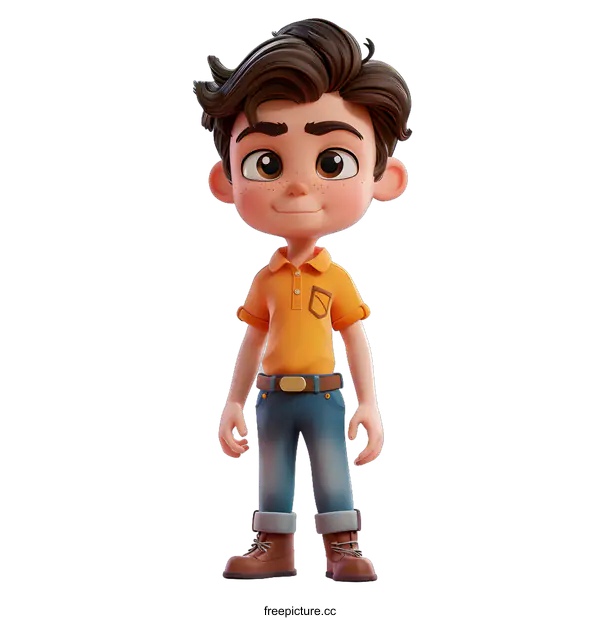 [Transparent Background PNG]Cartoon Boy Illustration with Orange Shirt and Blue Jeans