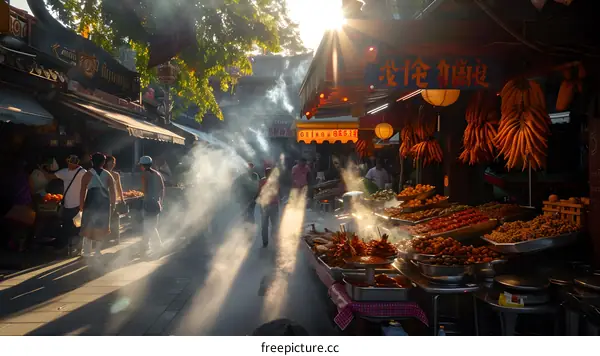 Street Food Stall in Chinese Market with Smoke and Sunlight