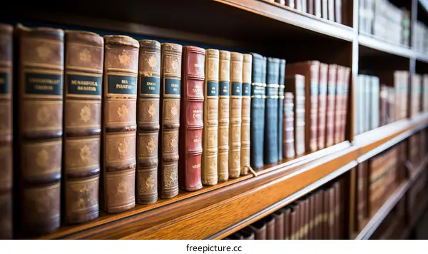 Old books on a wooden shelf in a library