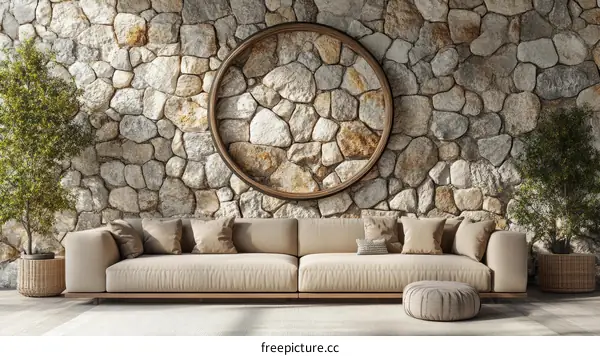 Modern Minimalist Living Room with Stone Wall