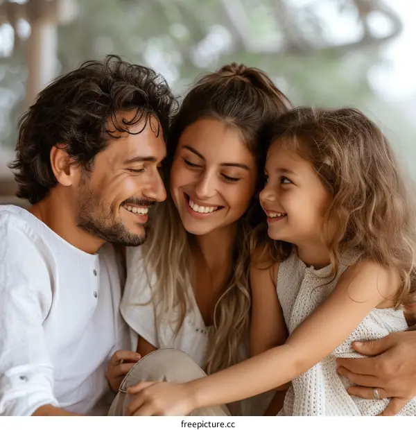 Happy family of three smiling together
