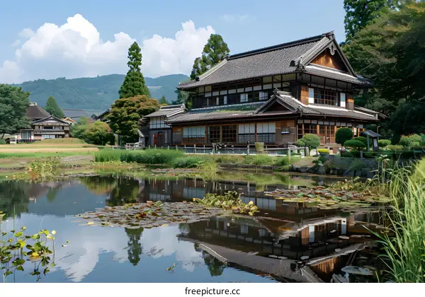 Traditional Japanese House Reflecting on a Pond