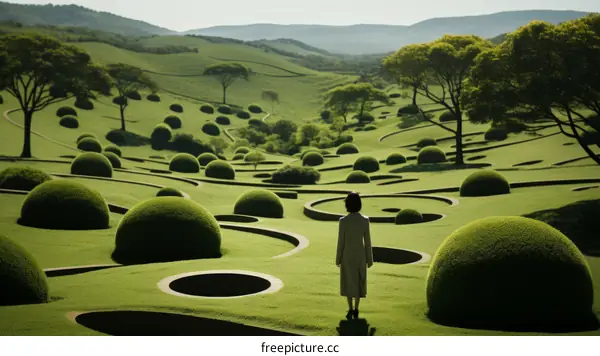 A woman standing in a field of green hills