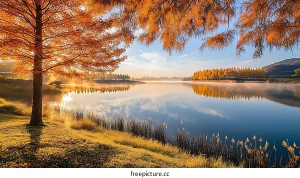 Autumn Sunrise over a Calm Lake