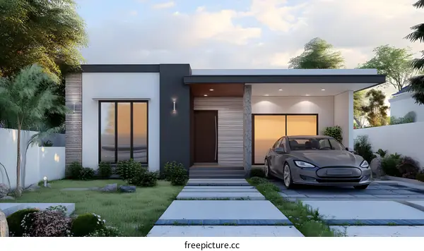 Modern Minimalist House Design with Garden and Car