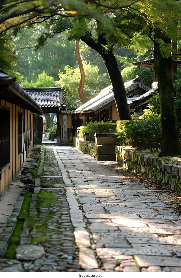 Cobblestone Pathway in a Japanese Garden with Green Trees