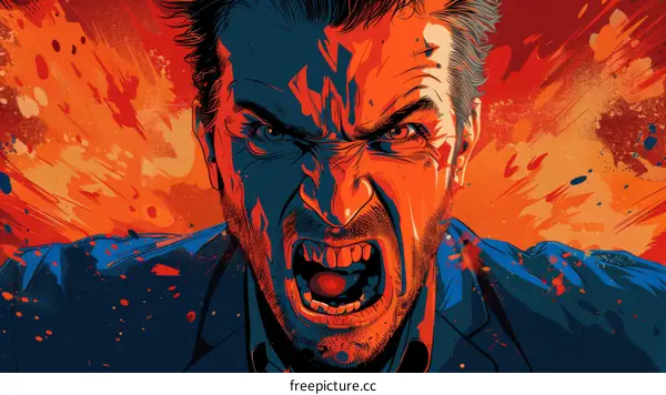 Man With Angry Expression In Front Of Red Background