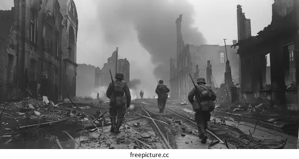 American soldiers advance through the ruins of Aachen, Germany, during World War II