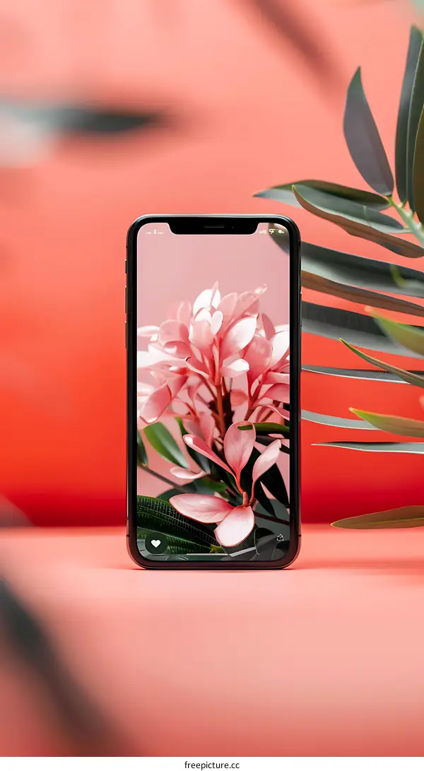 Pink Flowers on Phone Screen with Green Leaves