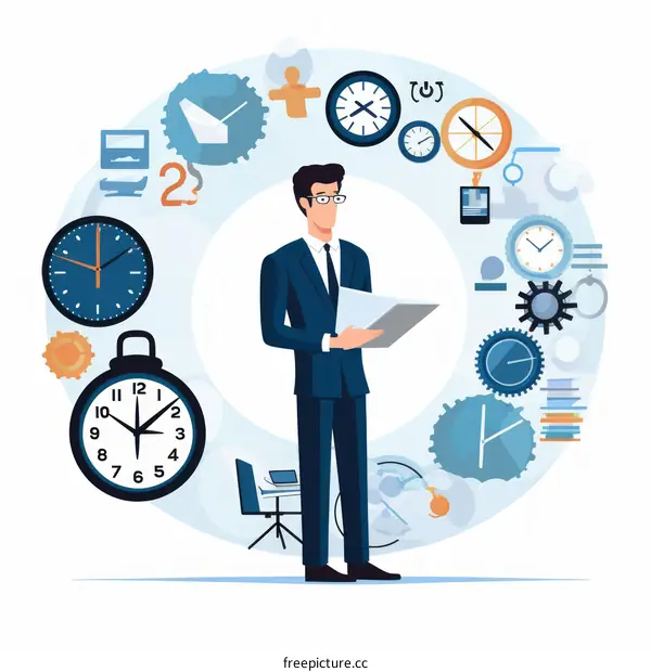 Businessman in Suit Holding Document with Clocks and Gears