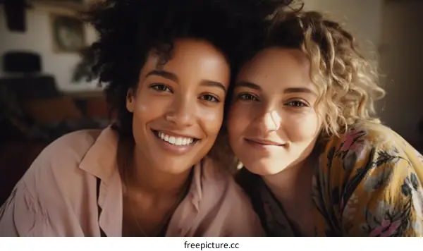 Portrait of two smiling women of different ethnicities