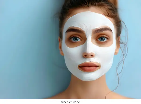 Closeup portrait of young caucasian woman with white facial mask on her face looking at camera
