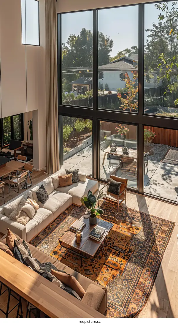 Modern living room interior with large windows and a view of the backyard