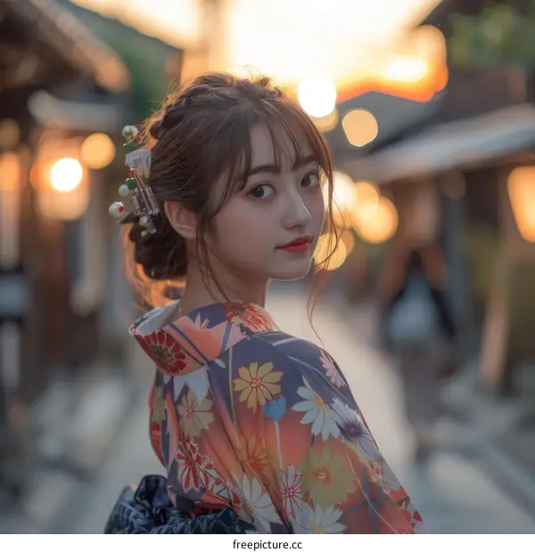 Asian Girl in Traditional Japanese Kimono