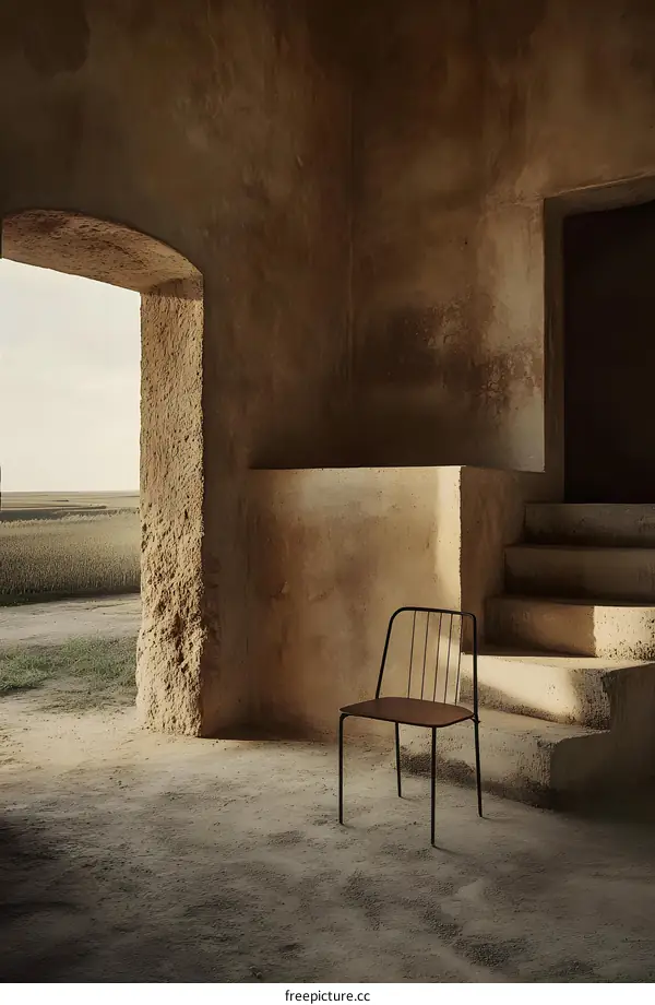 Rustic Farmhouse Interior with Single Chair and View of Field