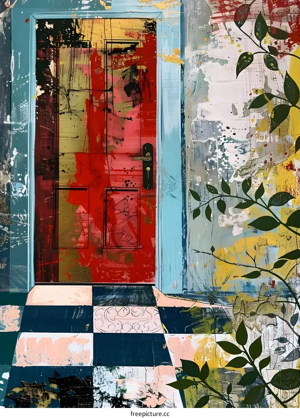 Abstract Art Red Door with Checkered Floor and Leaves