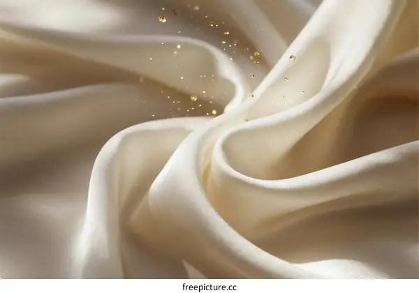 Elegant white silk fabric with golden sparkles and soft folds
