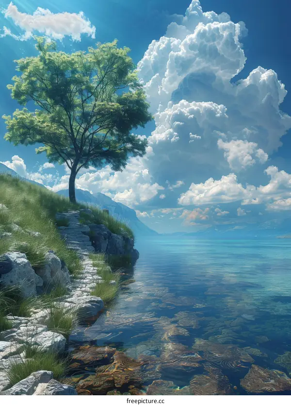 Tranquil Lakeside Scene with Lush Greenery