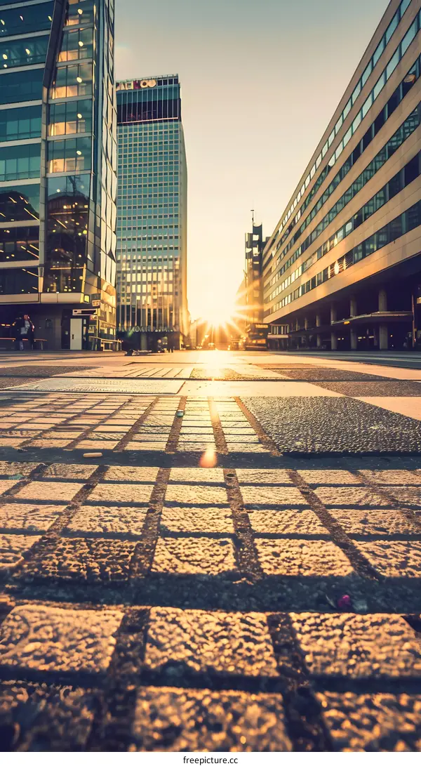 Cityscape at Sunset with Cobblestone Street