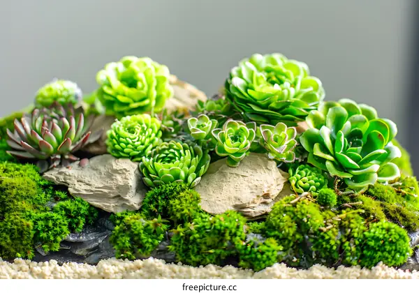 Green Succulents and Moss in a Small Garden