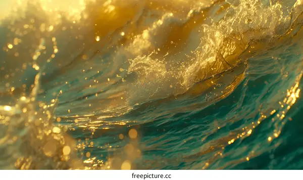 Golden wave crashing on the shore