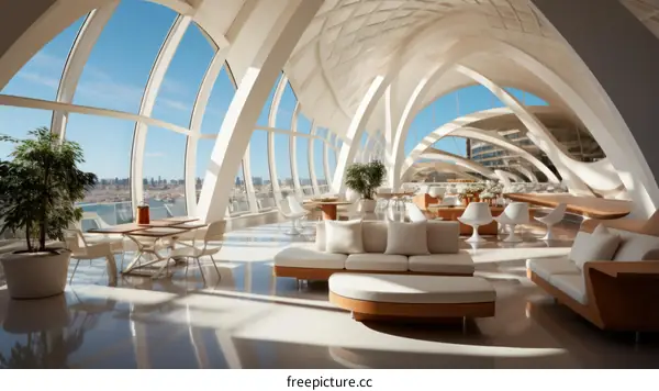 Modern Restaurant Interior with Large Windows and White Furniture