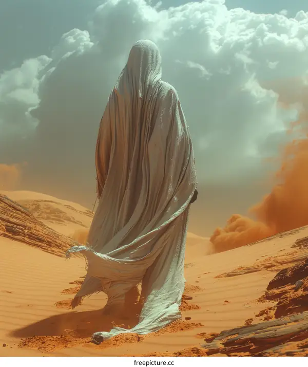 A figure in a white cloak walks through a desert landscape