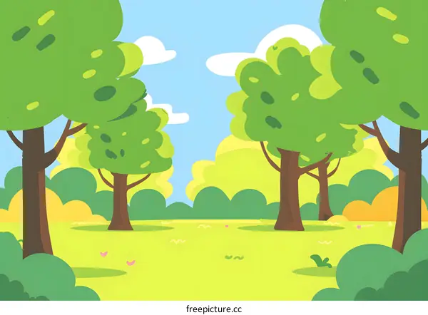 Cartoon Illustration of Green Trees in a Meadow