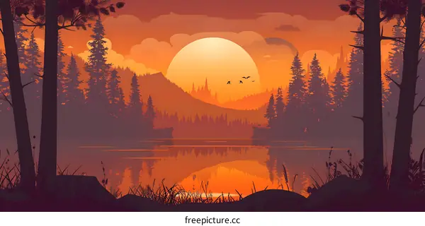 Sunset Over Mountain Lake in Forest