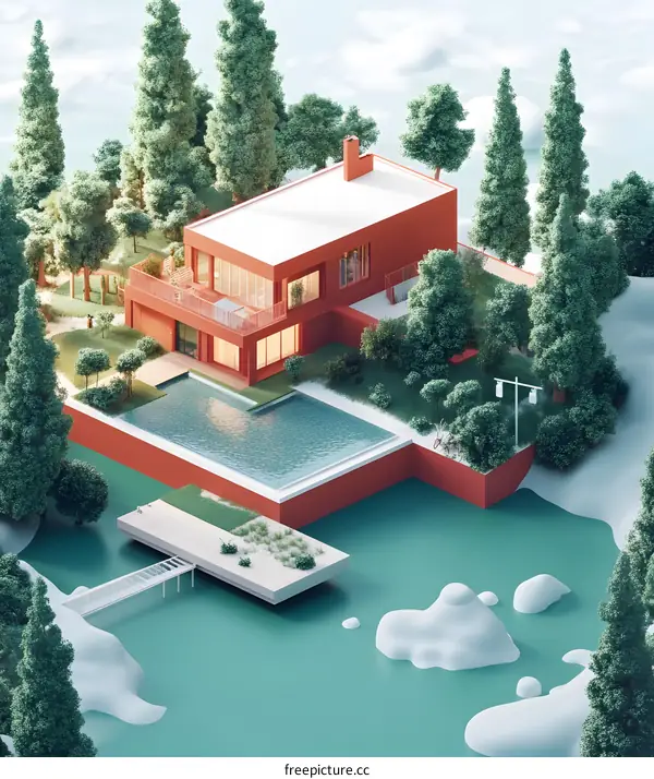 Modern House with Swimming Pool and Green Trees