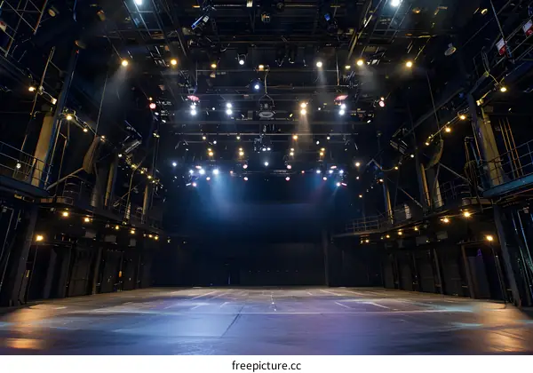 Empty Stage with Lighting Equipment and  Black Background