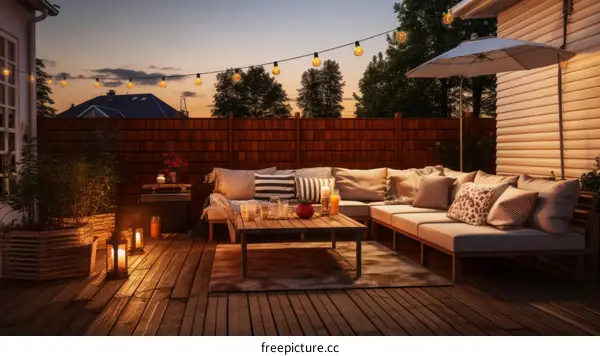 Cozy Backyard Patio With Sectional Sofa and String Lights